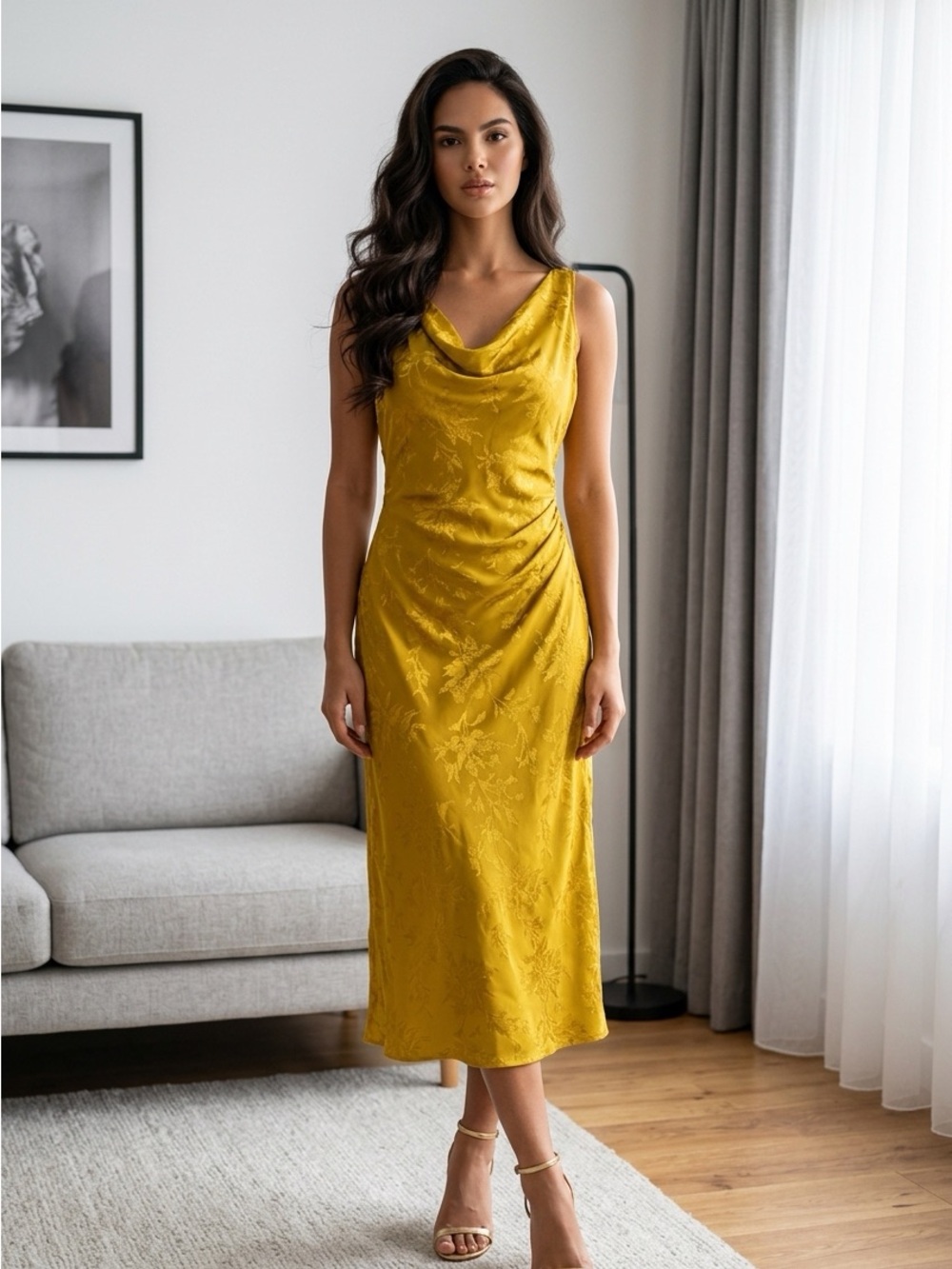 Zara Mustard Yellow Midi Cowl Neck Dress NWT Size small